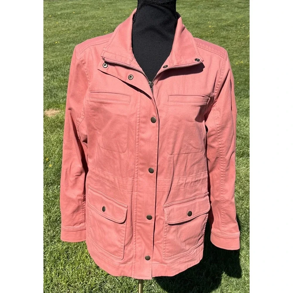 L.L.Bean Jacket Womens Petite Medium Pink Cotton Twill Full Zip Utility Pockets